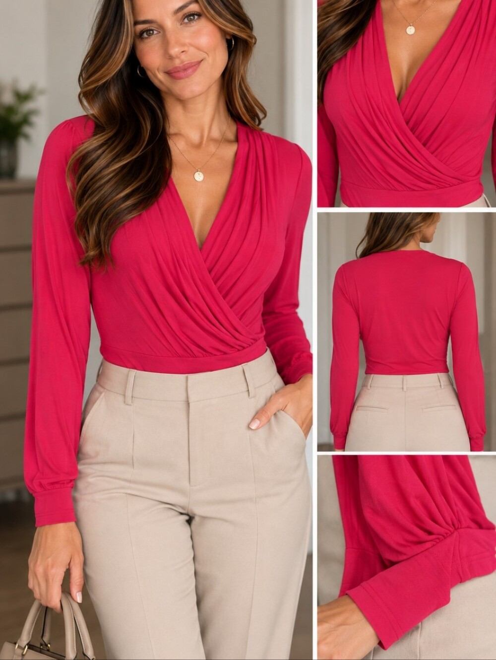 Body Central Fuchsia Draped Faux-Wrap Long Sleeve Bodysuit